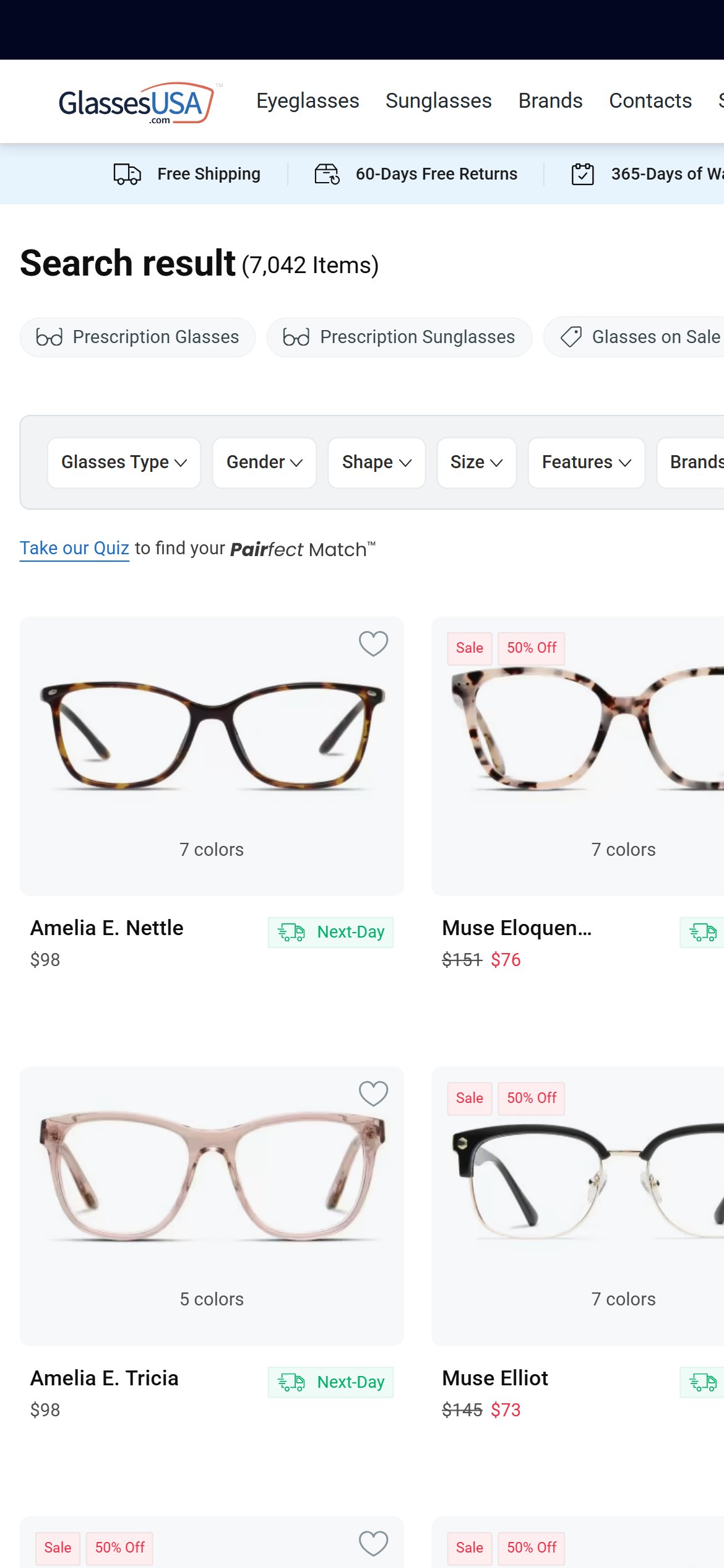 GlassesUSA — Clean Collection Grid with Sale and Brand Badges Only
