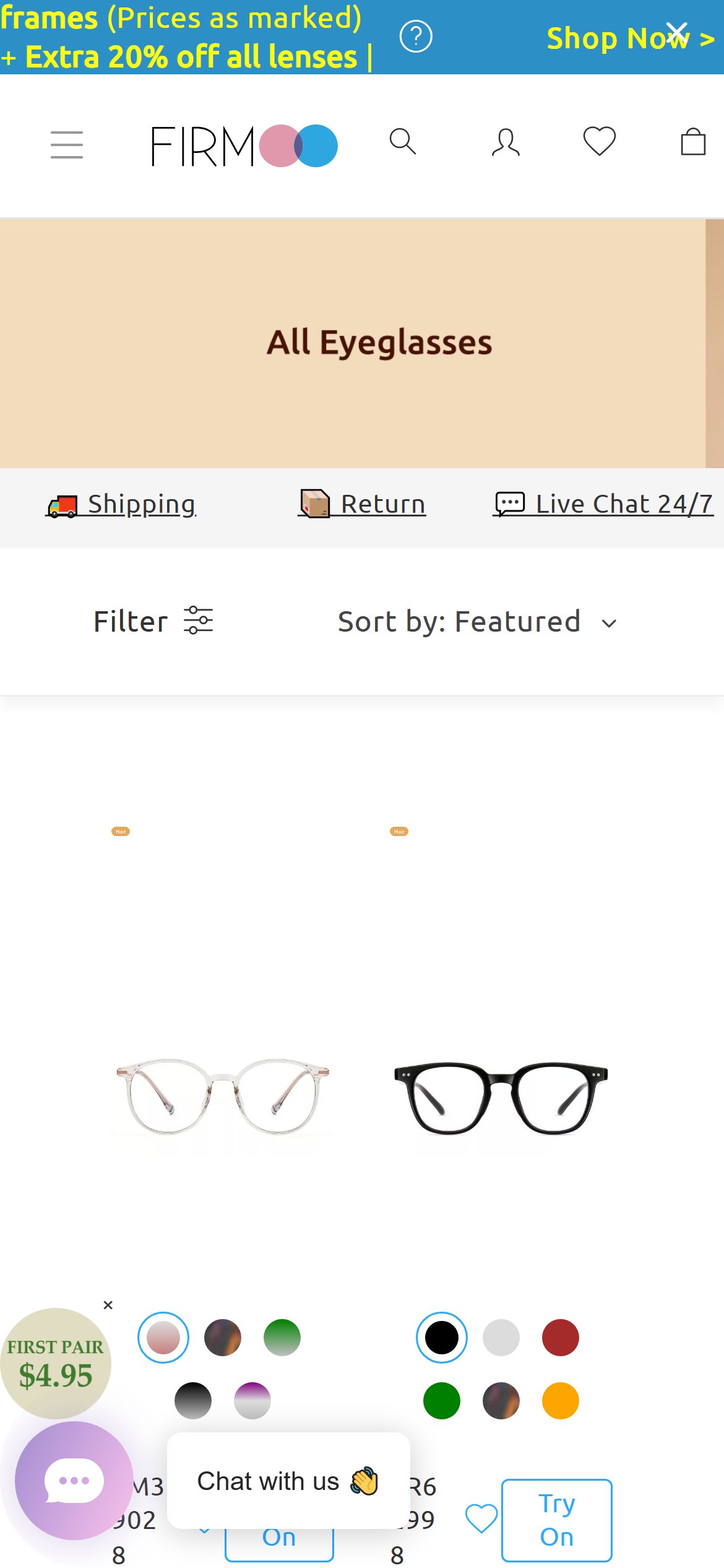 Firmoo — Multi-Dimension Filter Panel (Frame Shape, Face Shape, Price Range, Material)