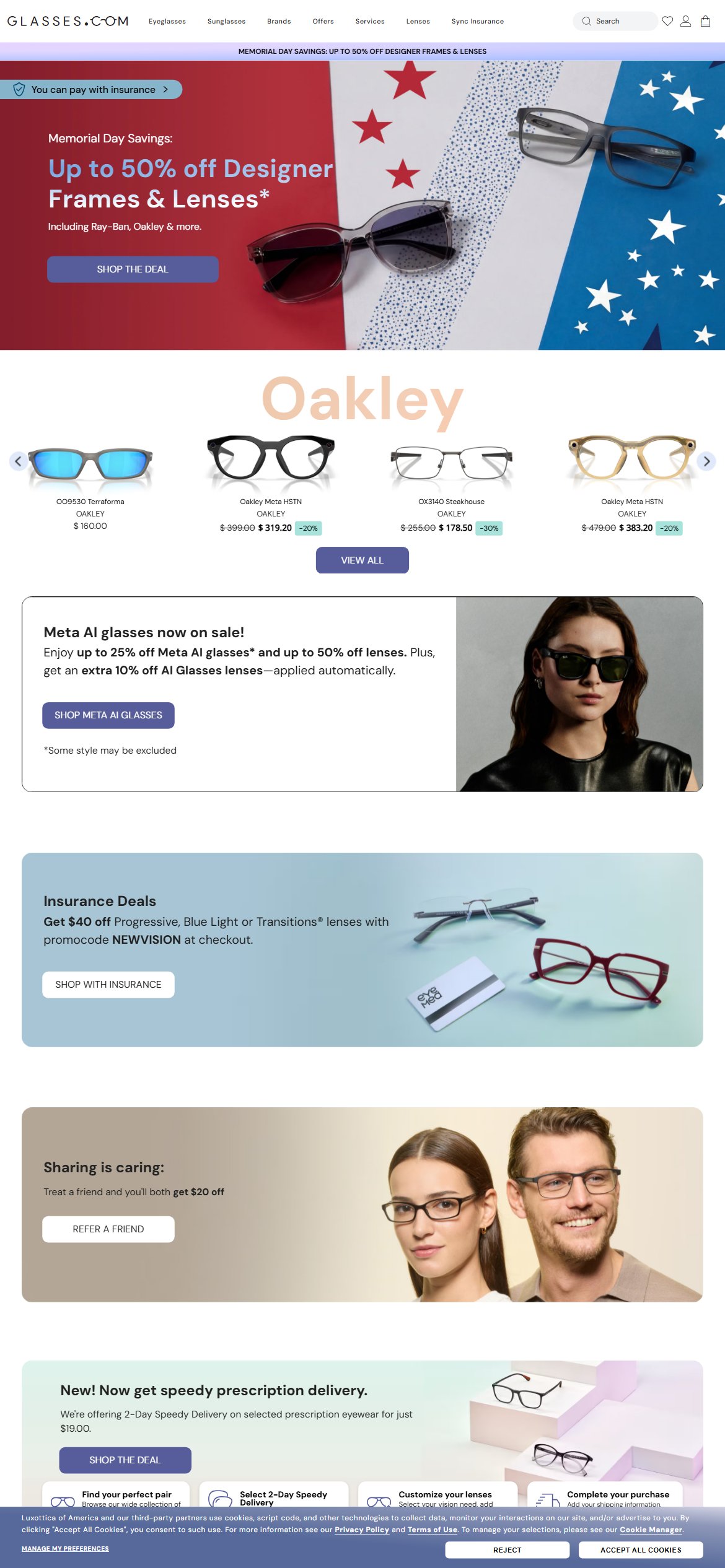 Glasses.com — Mobile Homepage (no popup fires, WELCOME20 buried in JS)
