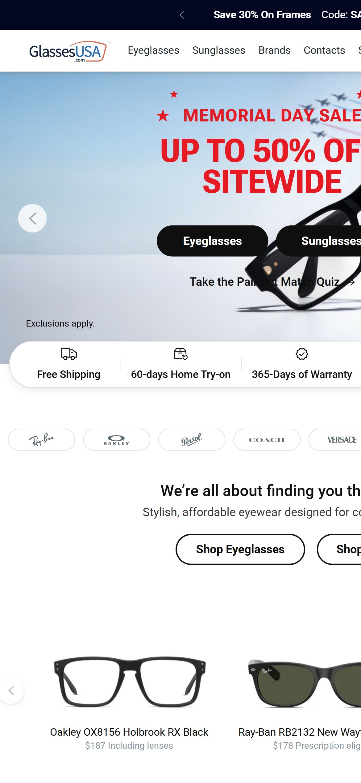 GlassesUSA — Email Popup with Promo Incentive on Homepage